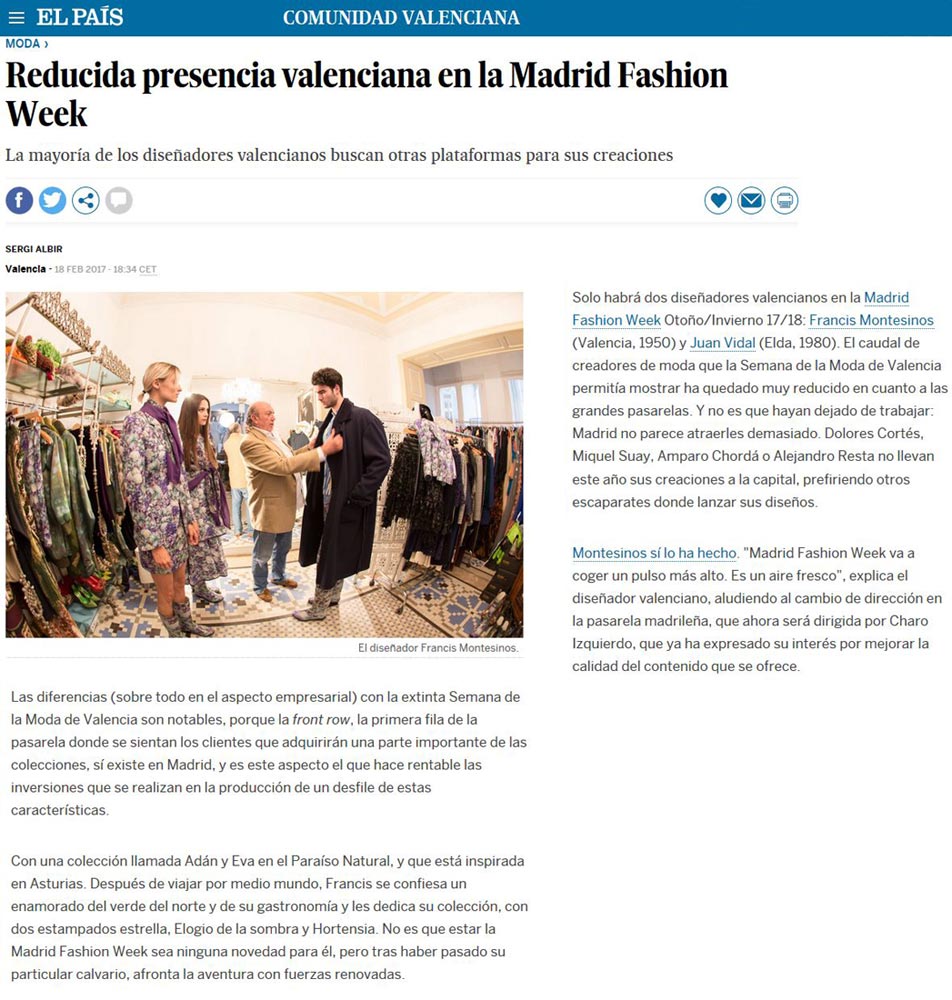 Publicación en el periódico EL PAIS. Madrid Fashion Week, 2017