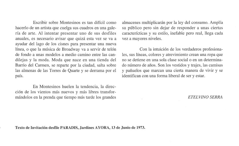 Etelvino Serra. Texto de invitación desfile Paradis, 1973